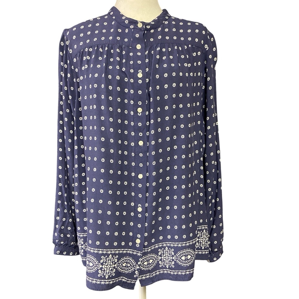 Lands End Blue Floral Button Up Long Sleeve Rayon Boho Tunic Blouse Womens XL